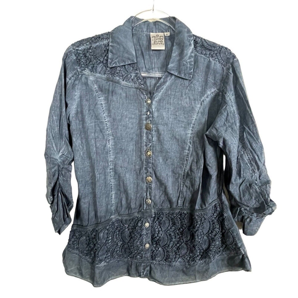 Parsley‎ & Sage Embellished Button Up Blue Lace Overlay Shirt Blue Size S